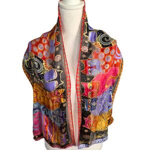 Laurel Burch Wearable Art Feline Family Portrait 100% Silk Cat Scarf 52” x 11.5